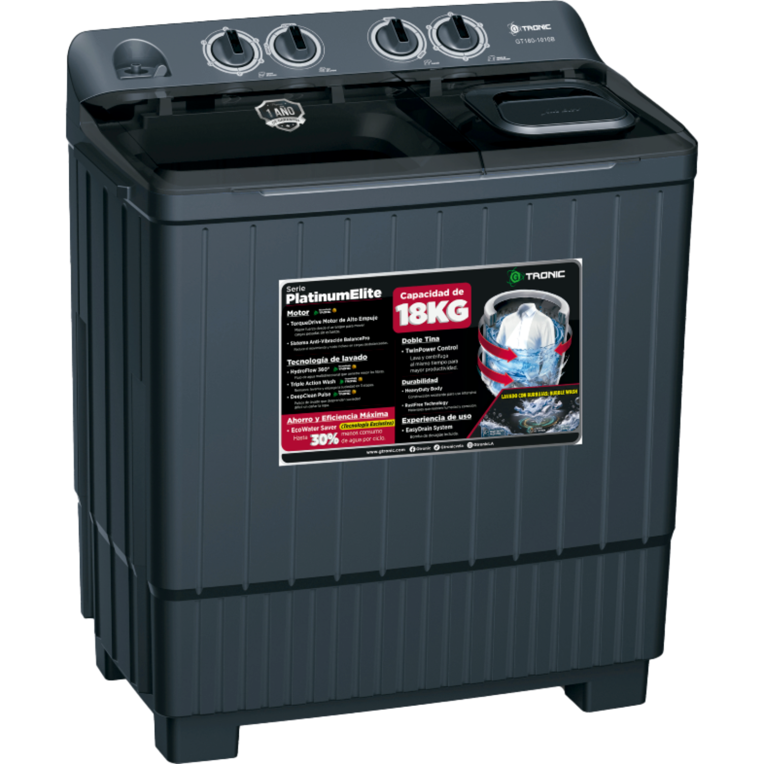 LAVADORA SEMIAUTOMÁTICA GTRONIC PLATINUM ELITE 18KG DOBLE TINA BLACK