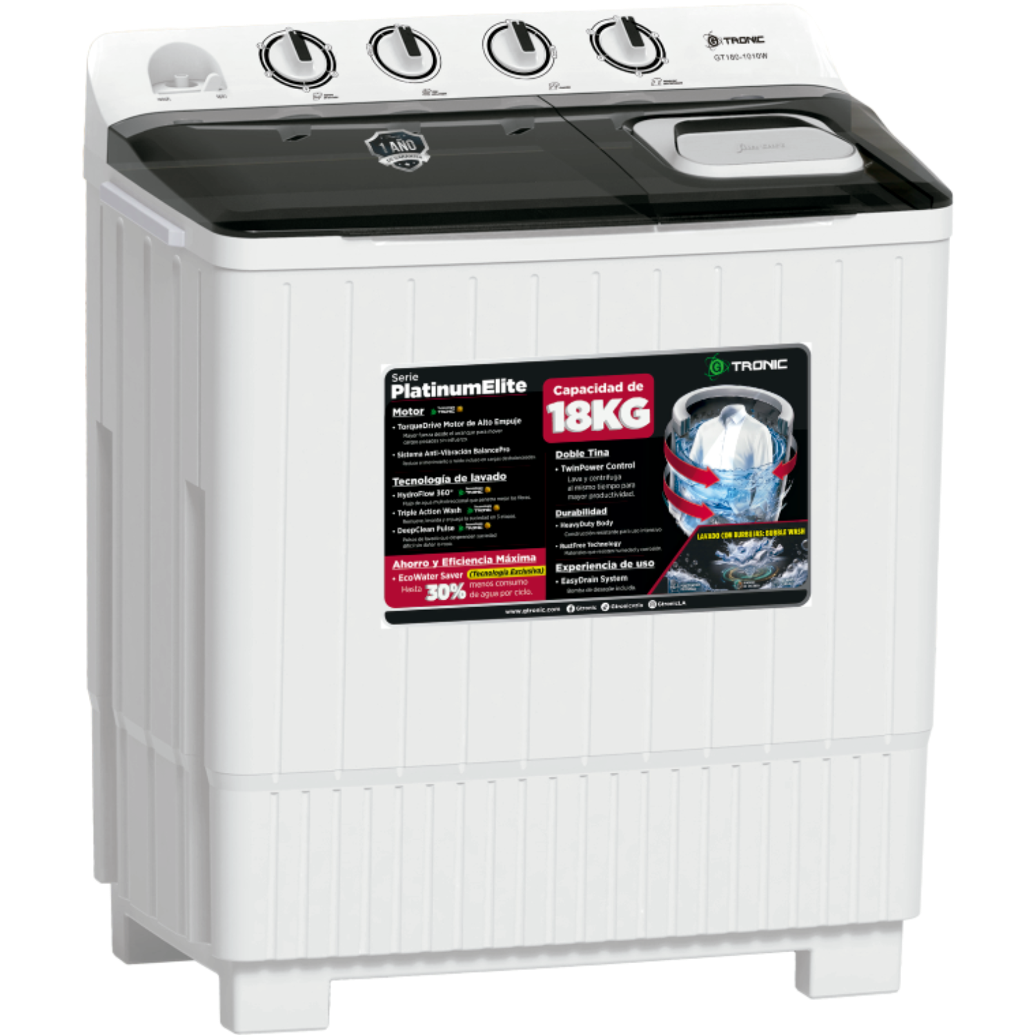 LAVADORA SEMIAUTOMÁTICA GTRONIC PLATINUM ELITE 18KG DOBLE TINA WHITE