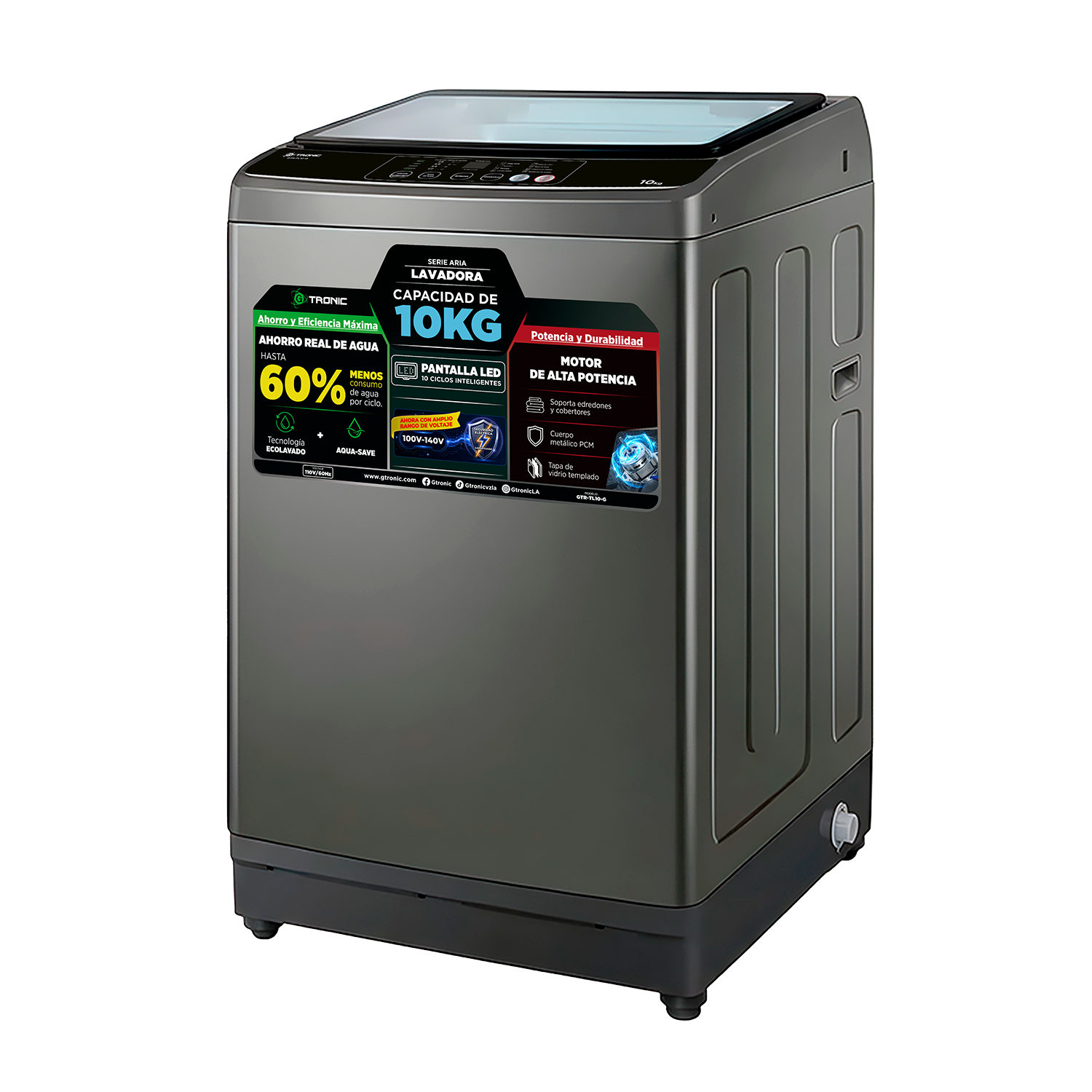 LAVADORA AUTOMÁTICA GTRONIC ARIA DE 10KG CARGA SUPERIOR GRIS