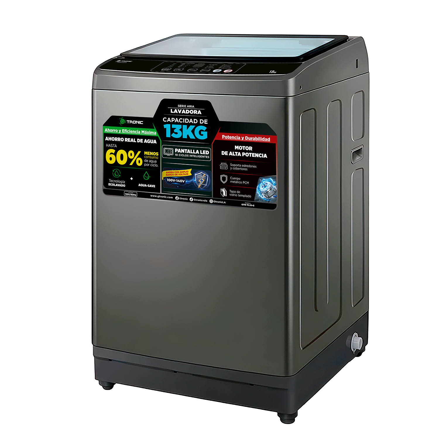 LAVADORA AUTOMÁTICA GTRONIC ARIA DE 13KG CARGA SUPERIOR GRIS