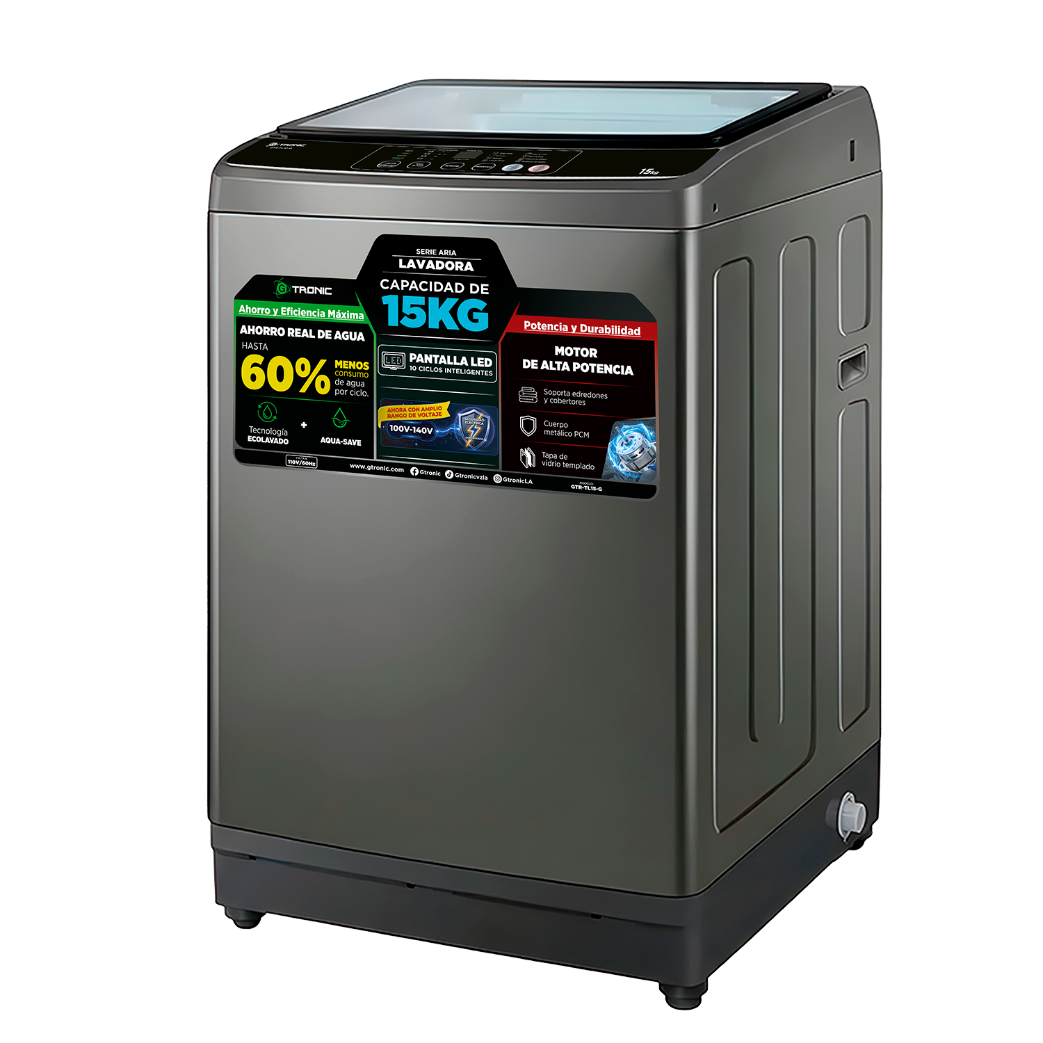 LAVADORA AUTOMÁTICA GTRONIC ARIA DE 15KG CARGA SUPERIOR GRIS