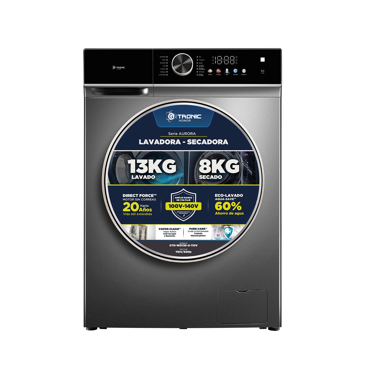 LAVADORA-SECADORA GTRONIC AURORA 13/8 KG CARGA FRONTAL 110V GRIS