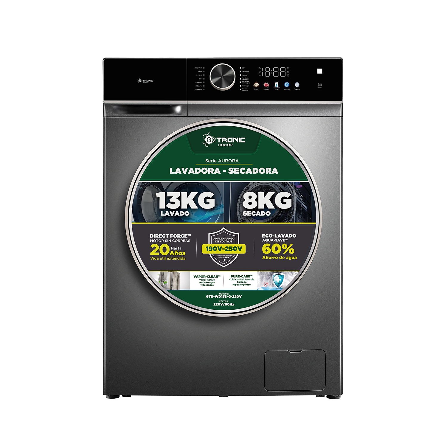 LAVADORA-SECADORA GTRONIC AURORA 13/8 KG CARGA FRONTAL 220V GRIS
