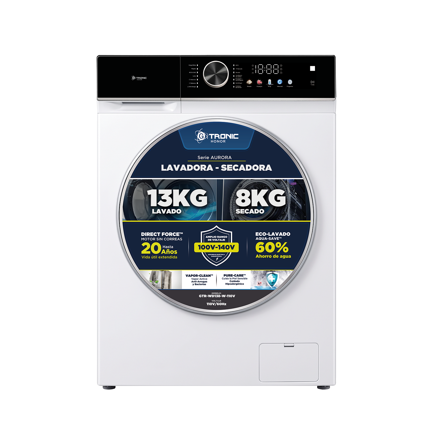 LAVADORA-SECADORA GTRONIC AURORA 13/8 KG CARGA FRONTAL 110V BLANCO