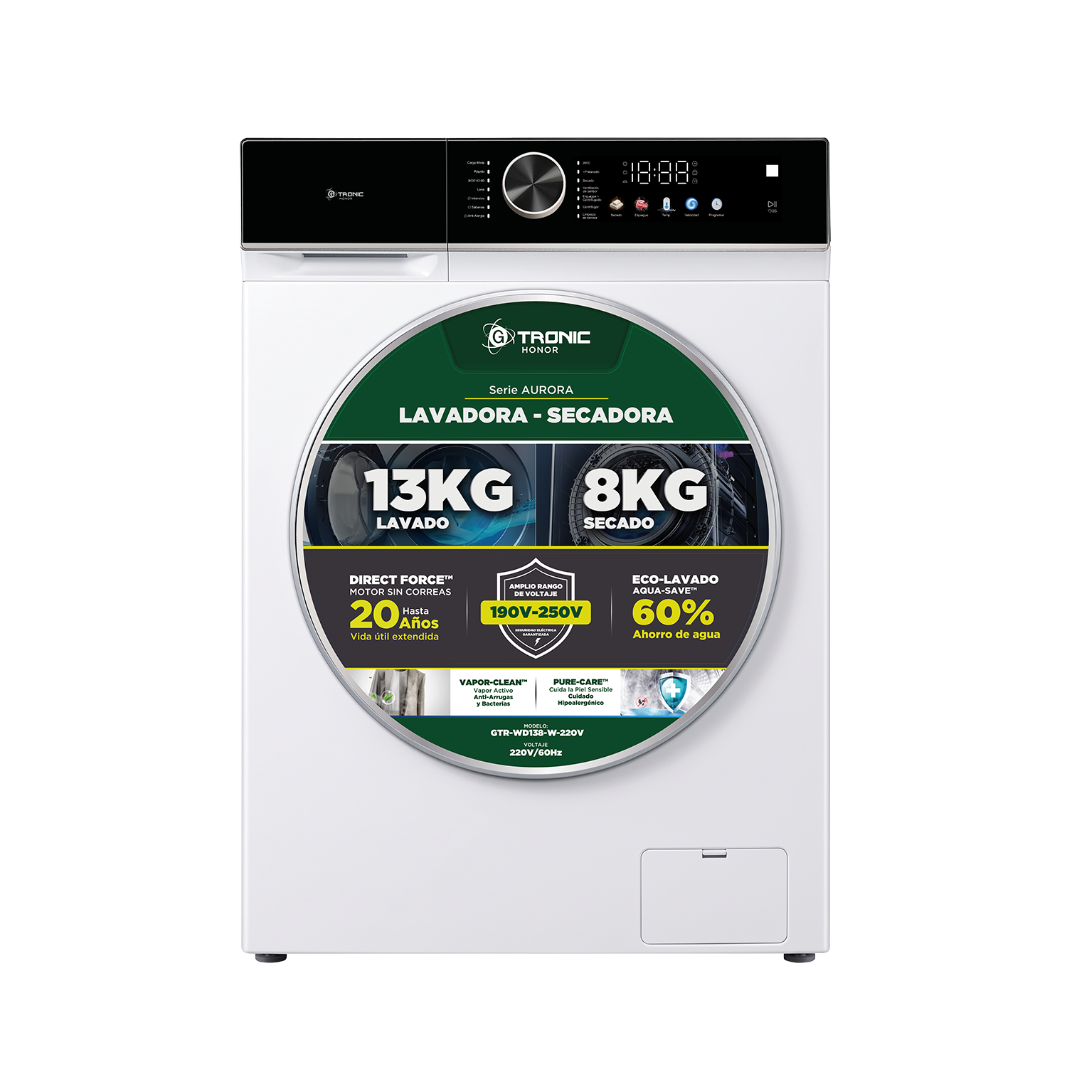 LAVADORA-SECADORA GTRONIC AURORA 13/8 KG CARGA FRONTAL 220V BLANCO