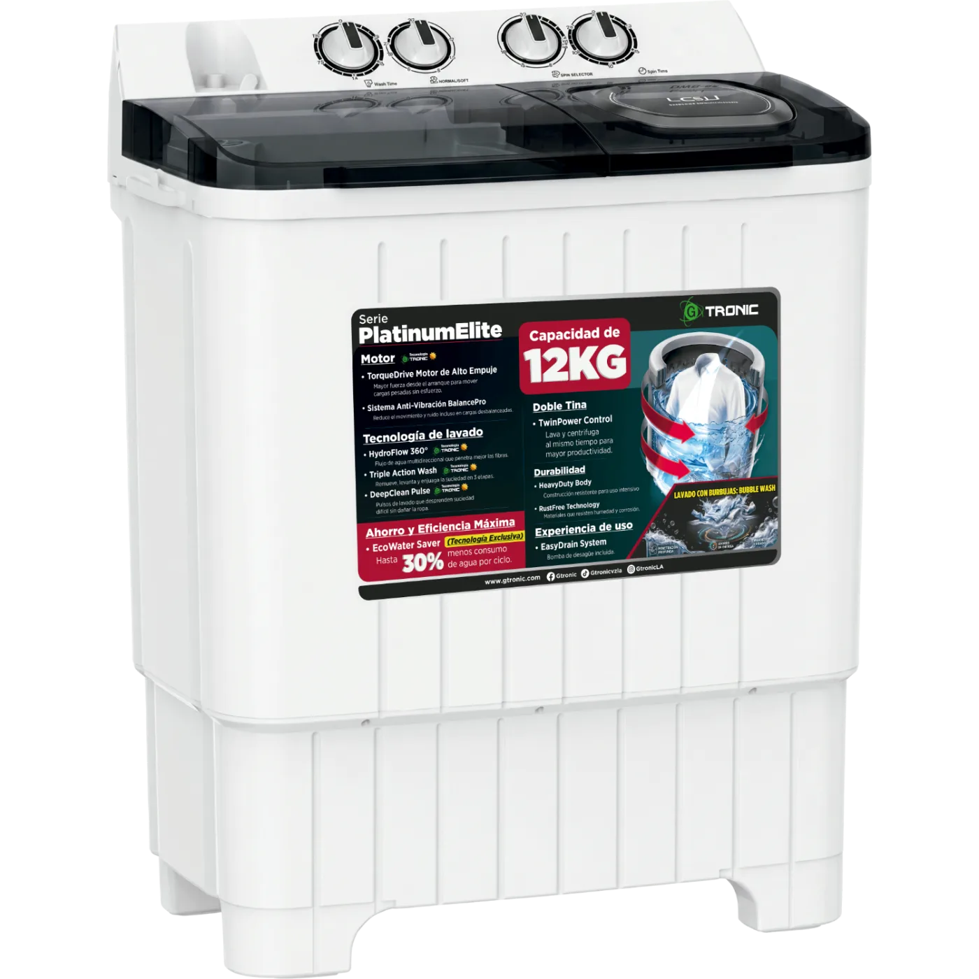 LAVADORA SEMIAUTOMÁTICA GTRONIC PLATINUM ELITE 12KG DOBLE TINA WHITE