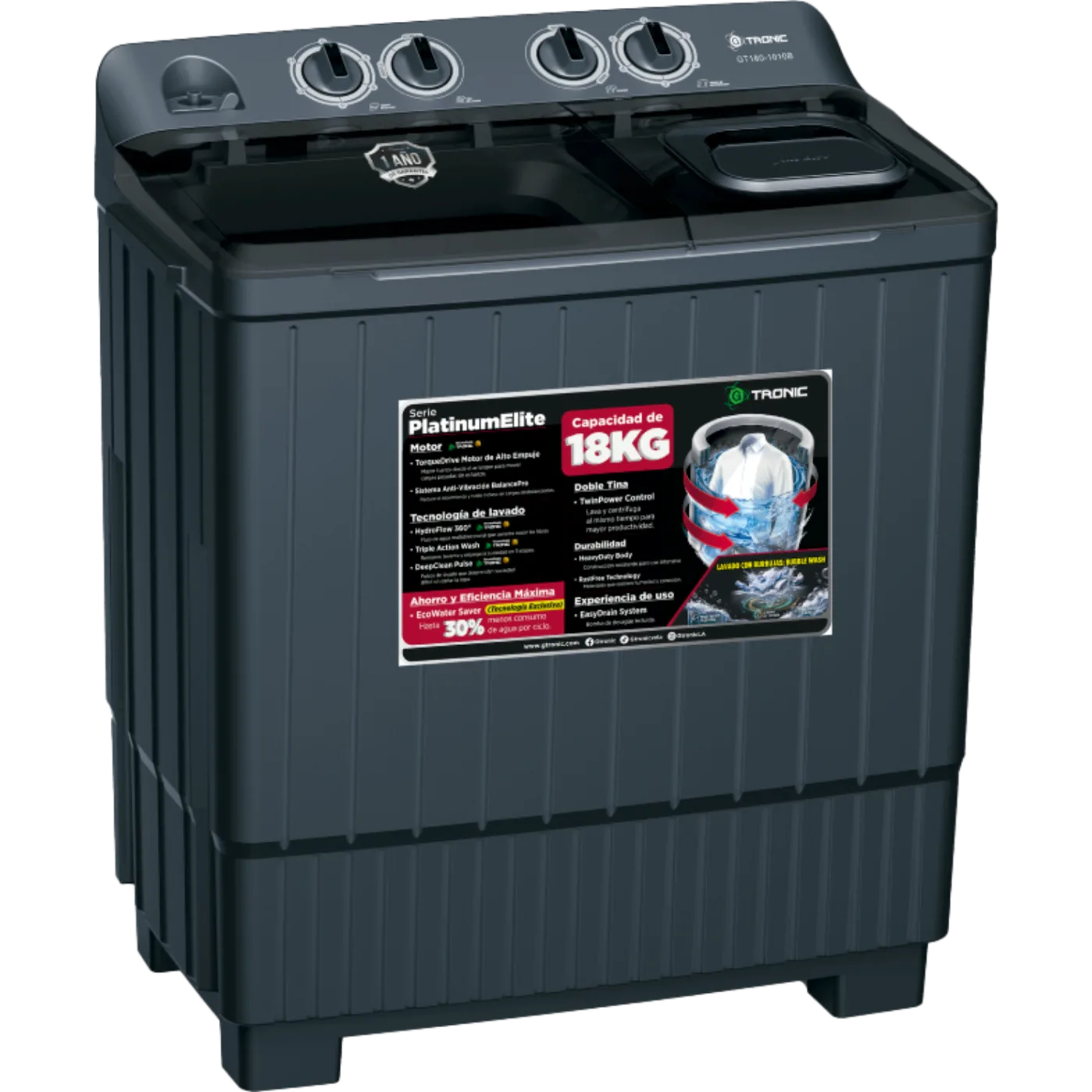 LAVADORA SEMIAUTOMÁTICA GTRONIC PLATINUM ELITE 18KG DOBLE TINA BLACK