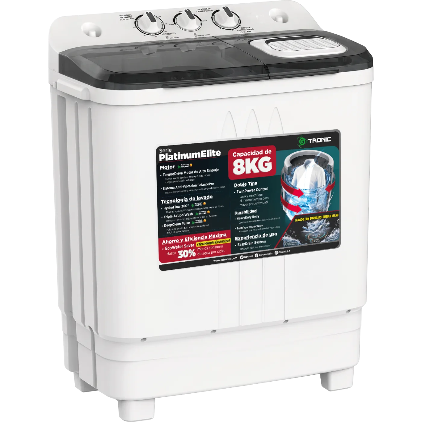 LAVADORA SEMIAUTOMÁTICA GTRONIC PLATINUM ELITE 8KG DOBLE TINA WHITE
