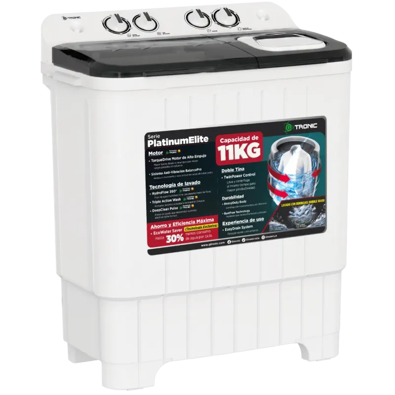 LAVADORA SEMIAUTOMÁTICA GTRONIC PLATINUM ELITE 11KG DOBLE TINA WHITE