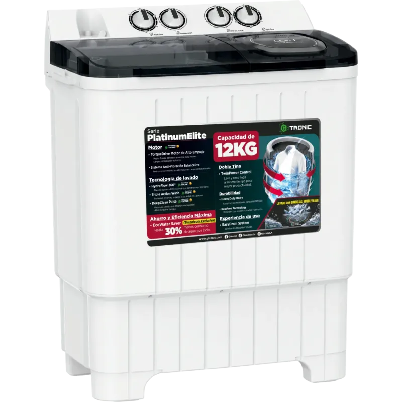 LAVADORA SEMIAUTOMÁTICA GTRONIC PLATINUM ELITE 12KG DOBLE TINA WHITE
