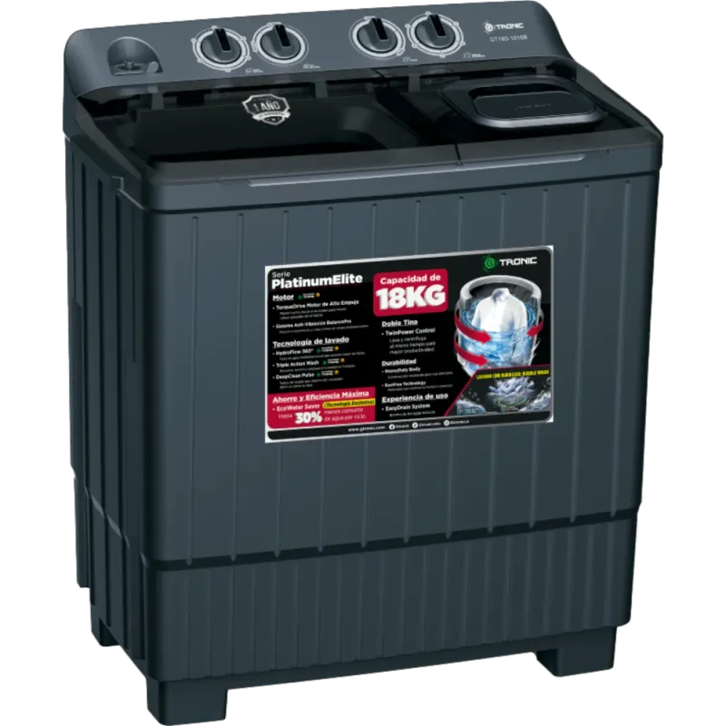LAVADORA SEMIAUTOMÁTICA GTRONIC PLATINUM ELITE 18KG DOBLE TINA BLACK