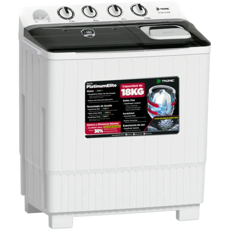 LAVADORA SEMIAUTOMÁTICA GTRONIC PLATINUM ELITE 18KG DOBLE TINA WHITE