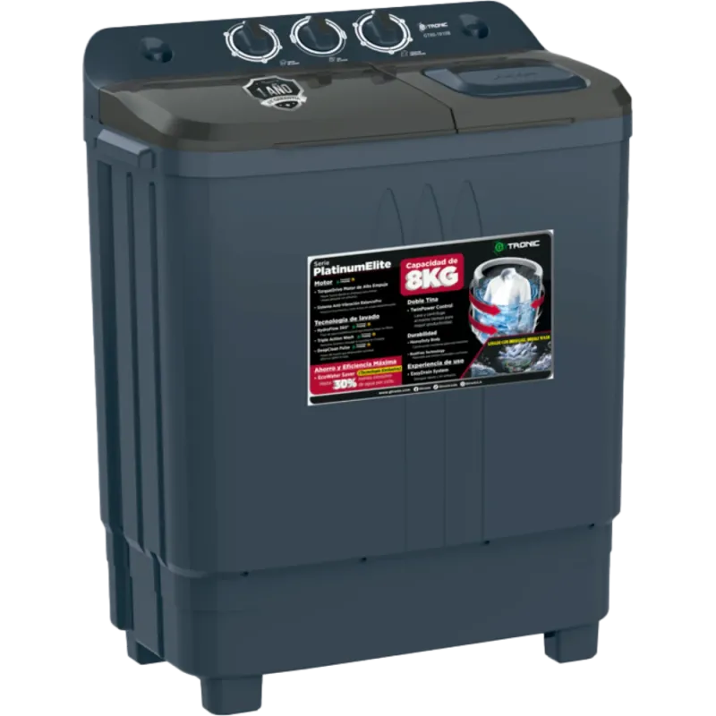 LAVADORA SEMIAUTOMÁTICA GTRONIC PLATINUM ELITE 8KG DOBLE TINA BLACK