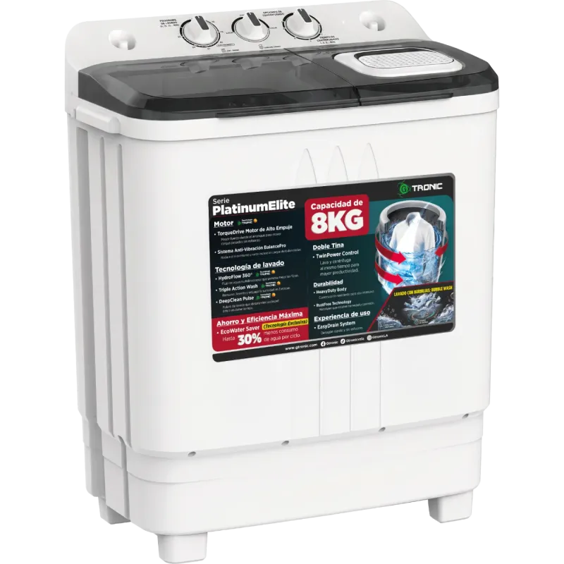 LAVADORA SEMIAUTOMÁTICA GTRONIC PLATINUM ELITE 8KG DOBLE TINA WHITE